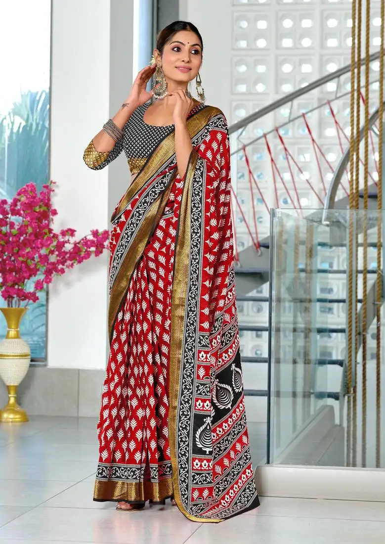 Red cotton block printed pre stitched saree with contrast blouse piece