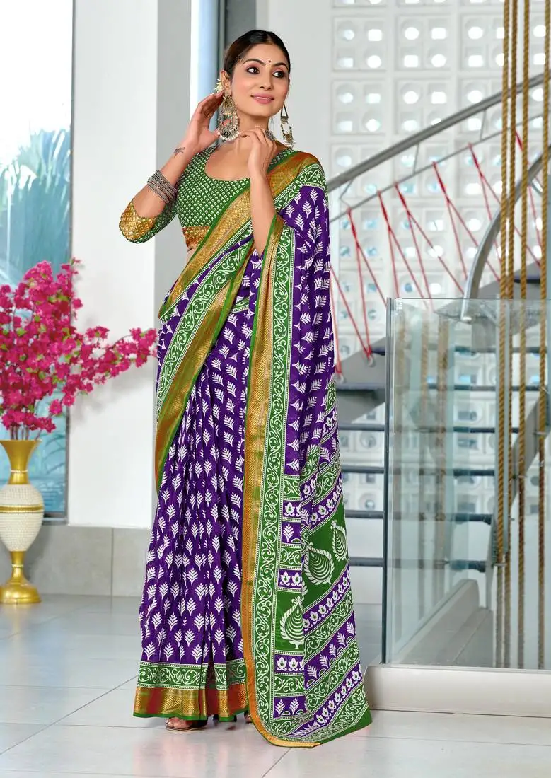 Purple cotton block printed pre stitched saree with contrast blouse piece