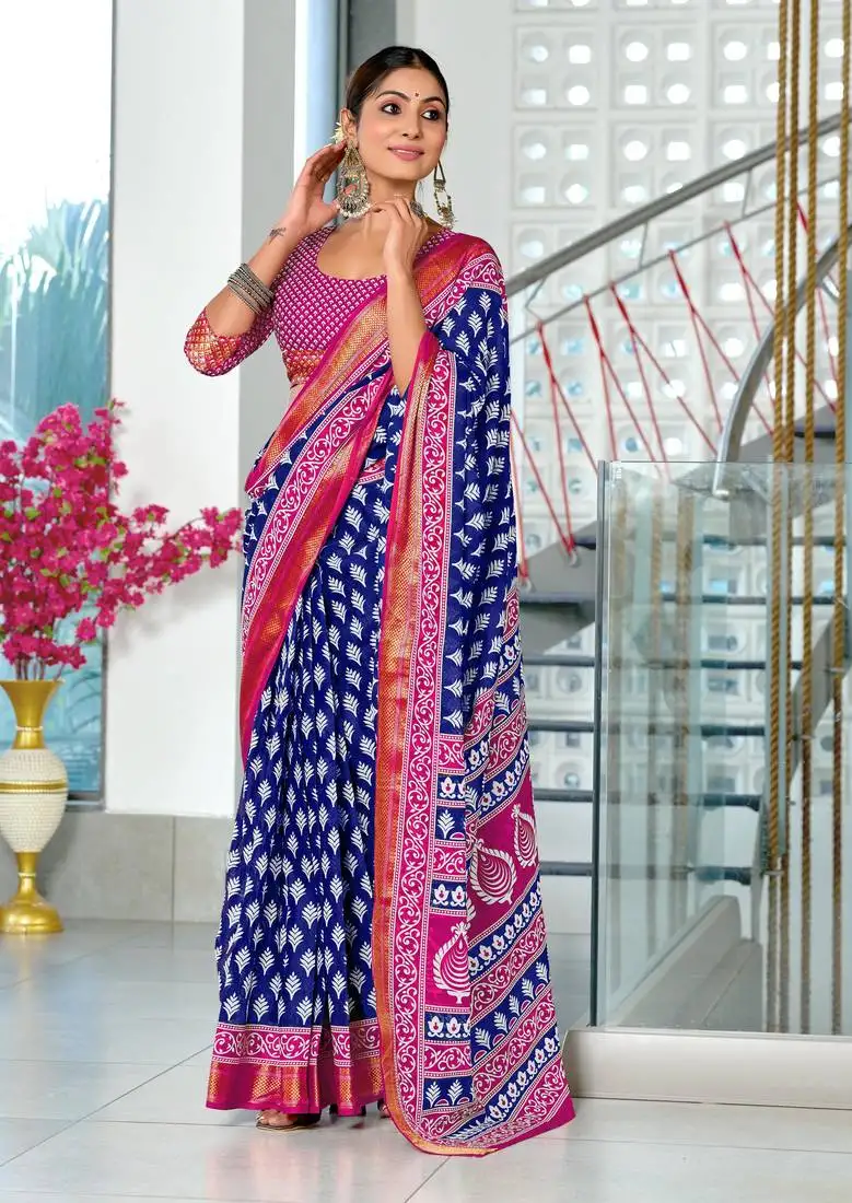 Blue cotton block printed pre stitched saree with contrast blouse piece