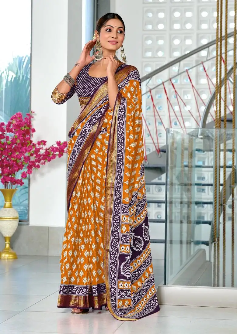 Orange cotton block printed pre stitched saree with contrast blouse piece