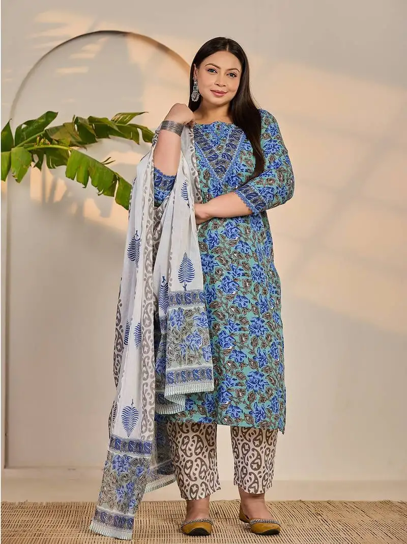 Rama green and blue floral sequins work straight plus size kurta trouser dupatta set