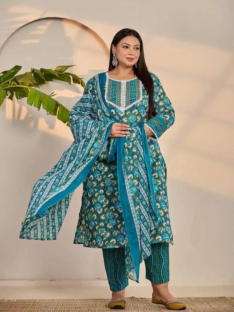 Turquoise blue cotton straight plus size kurta trouser dupatta set