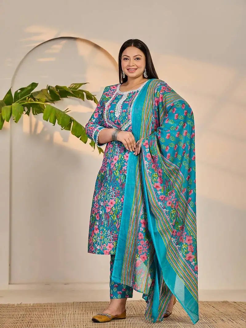Turquoise blue cotton lace work straight plus size kurta trouser dupatta set