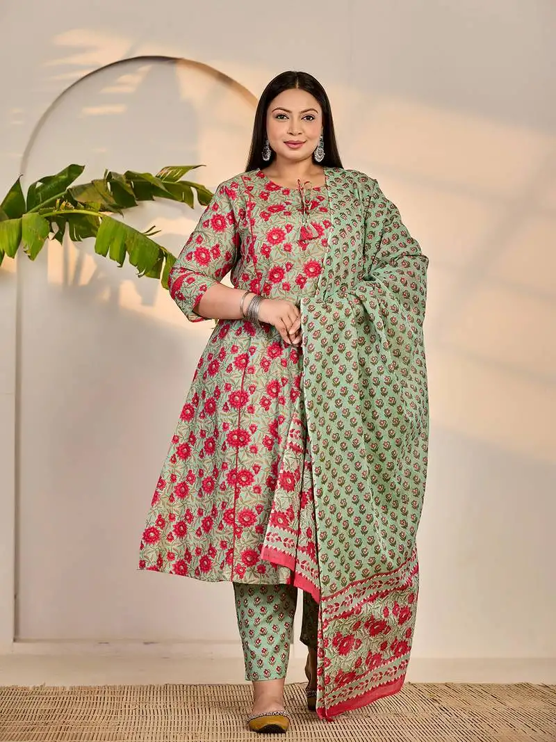 Sea green cotton a-line plus size kurta dupatta set