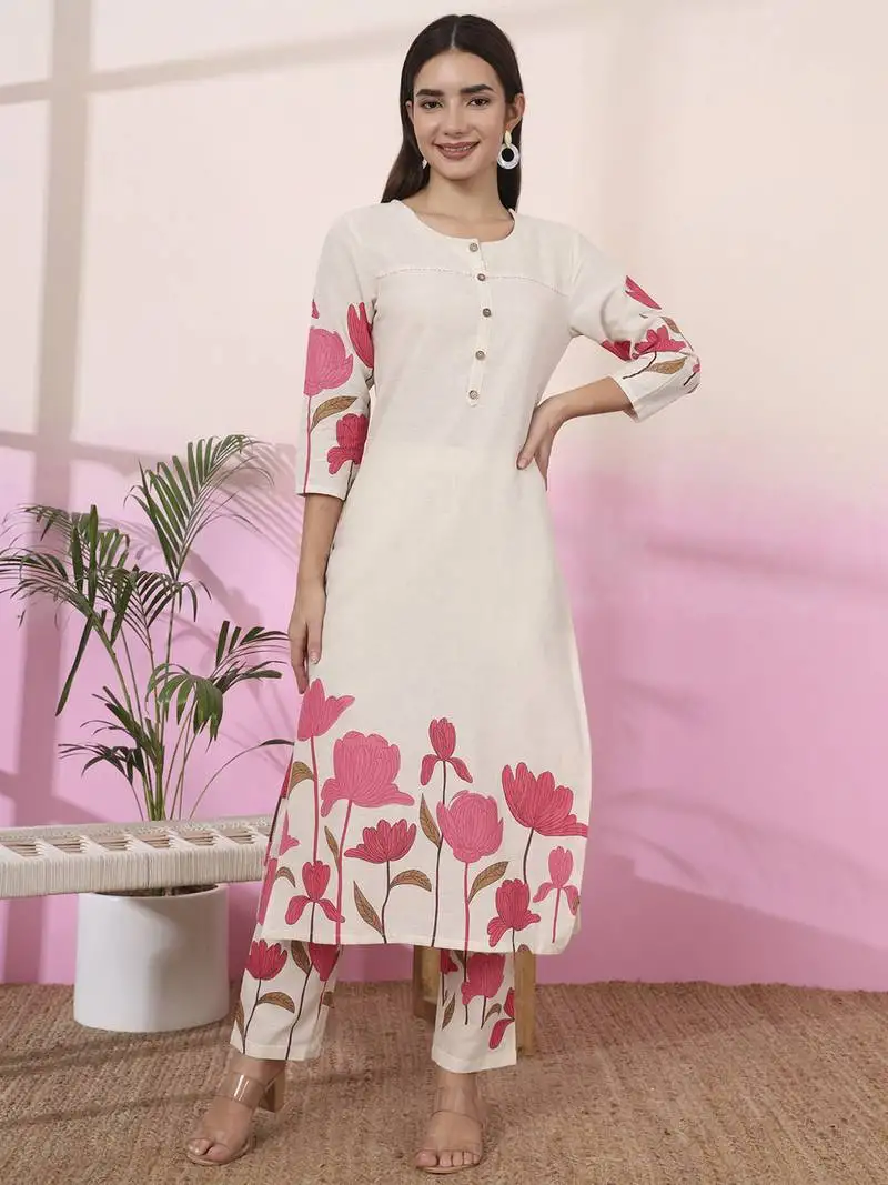 Pink and cream cotton floral print straight kurta trouser set