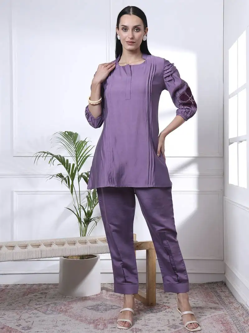 Purple thread work pure silk blend tunic and trouser co-ord se