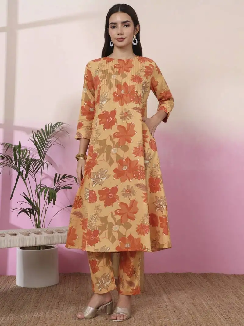 Mustard linen a line pintucks kurta pant