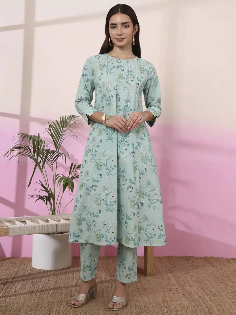 Sea green linen a line pintucks kurta pant