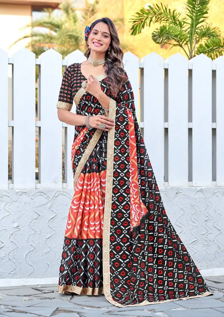 Black cotton block printed saree with lace border and printed blouse piece