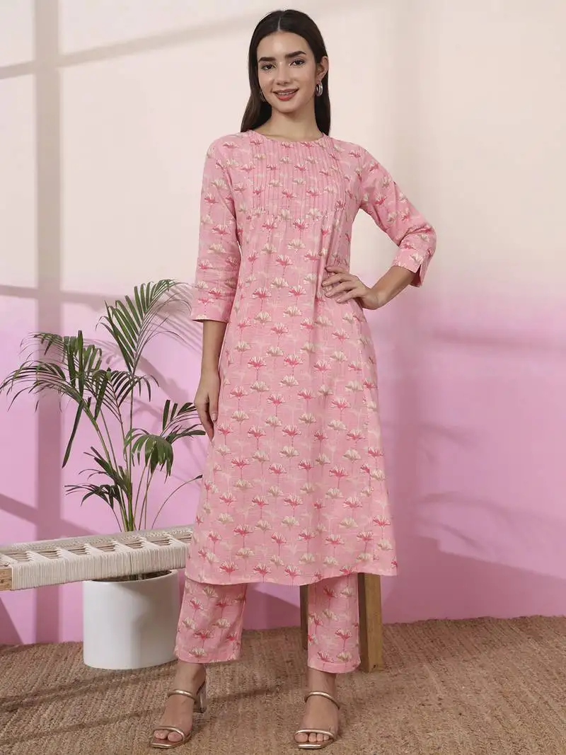 Pink linen a line pintucks kurta pant