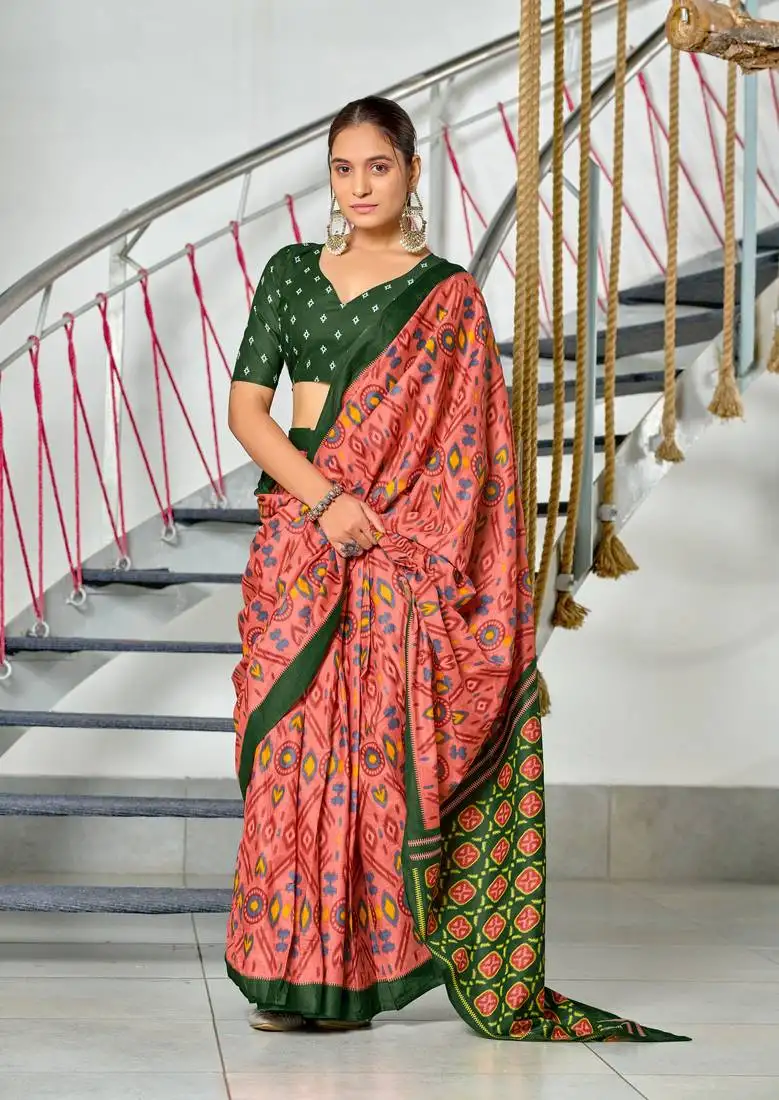 Peach mulmul cotton pre stitched saree with block print blouse