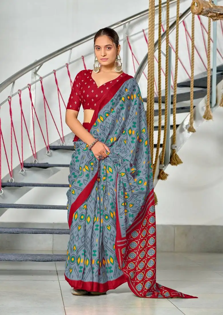 Grey mulmul cotton pre stitched saree with block print blouse
