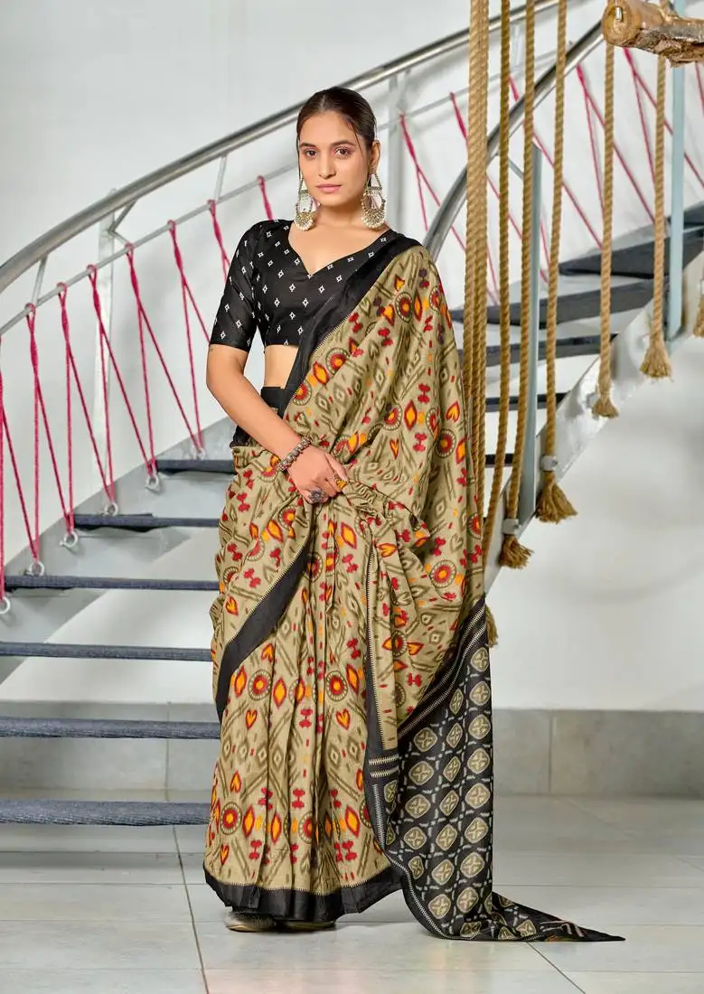 Light olive mulmul cotton pre stitched saree with block print blouse