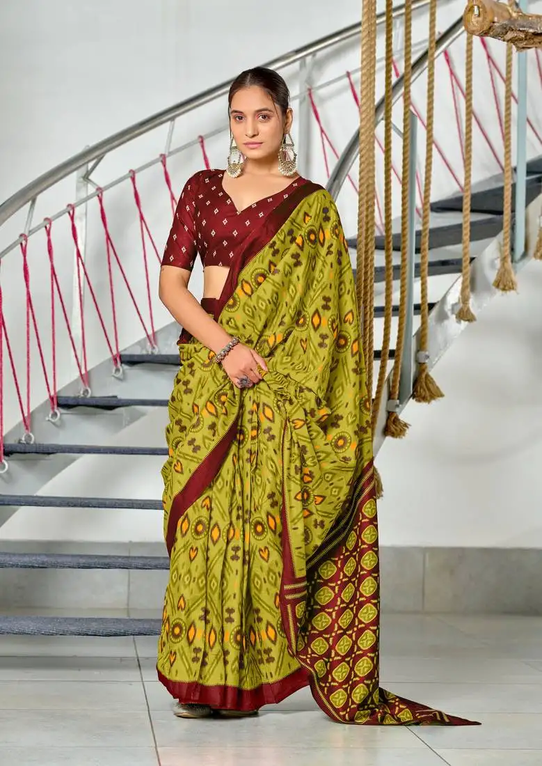 Olive mulmul cotton pre stitched saree with block print blouse