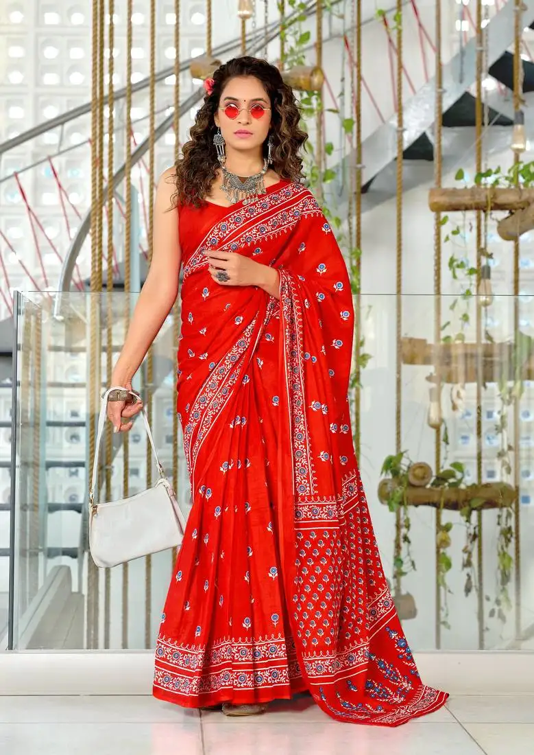 Red mulmul cotton pre stitched saree with block print blouse