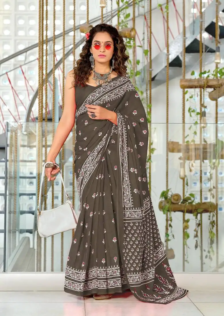 Charcoal mulmul cotton pre stitched saree with block print blouse