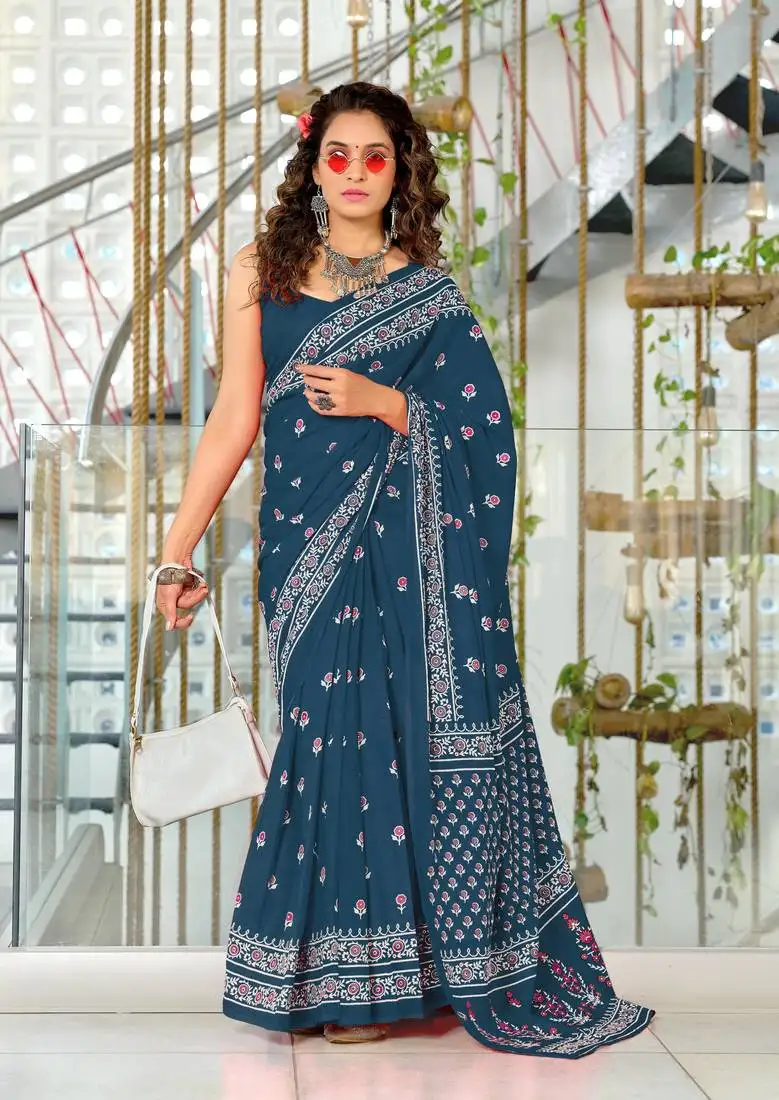 Teal mulmul cotton pre stitched saree with block print blouse