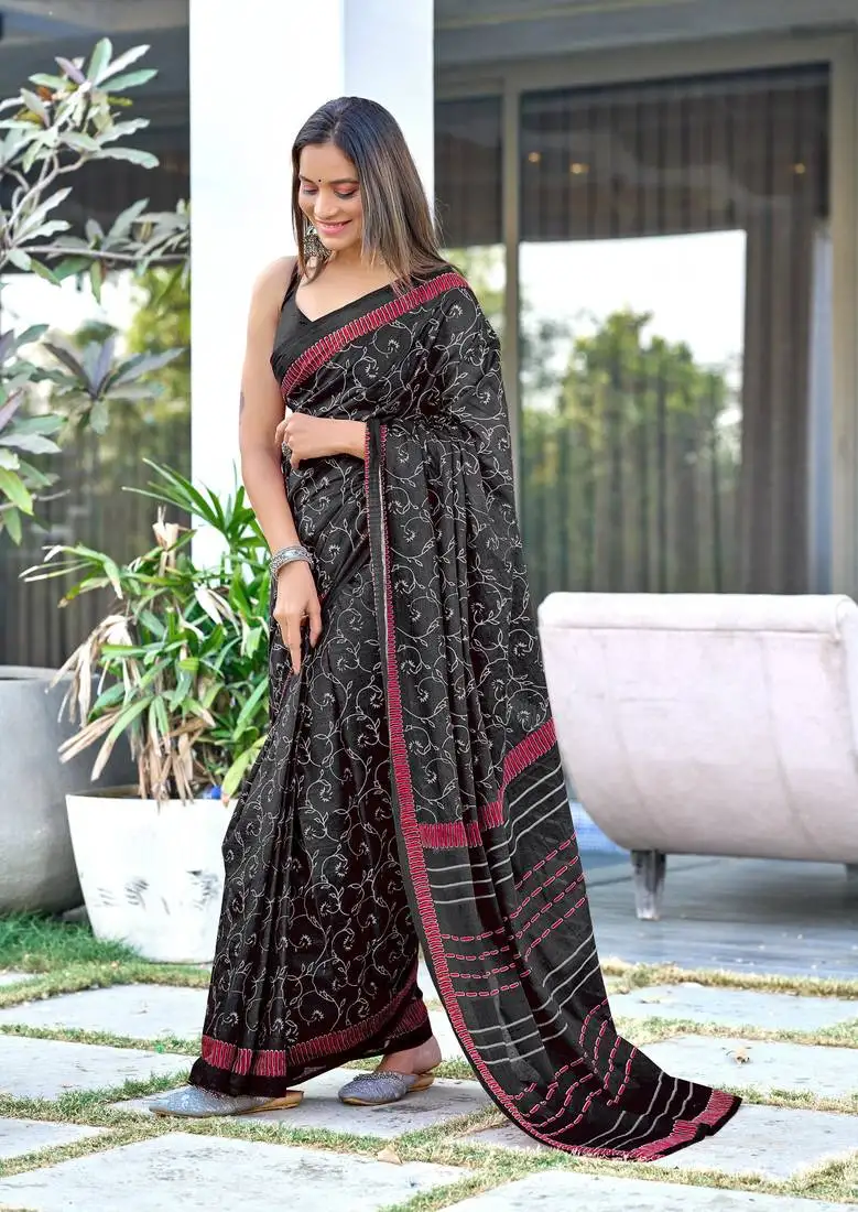Black mulmul cotton pre stitched saree with block print blouse