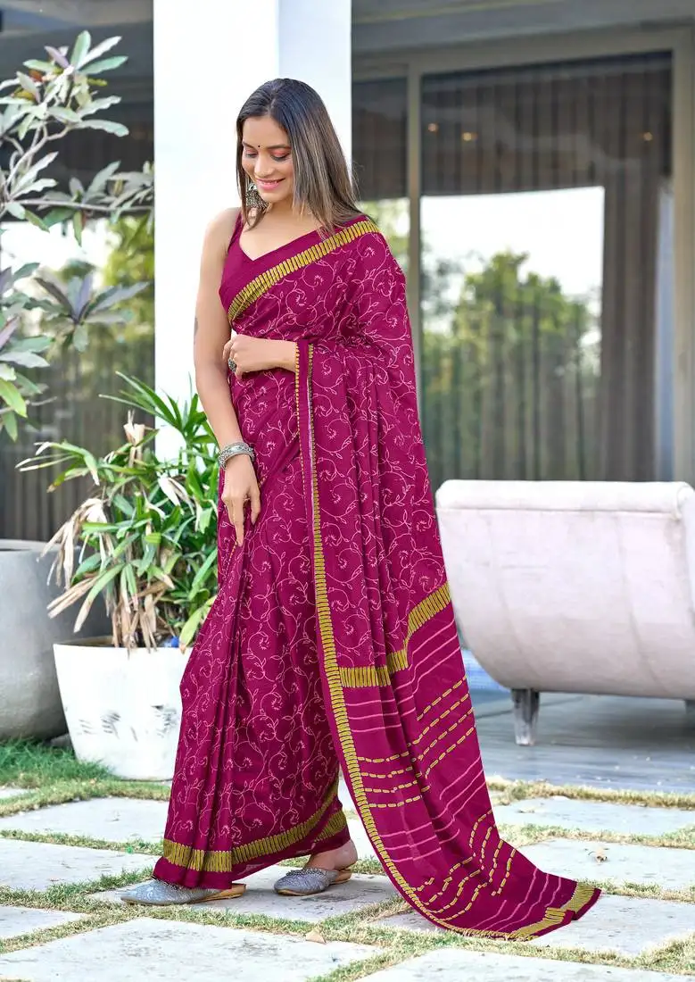 Magenta mulmul cotton pre stitched saree with block print blouse