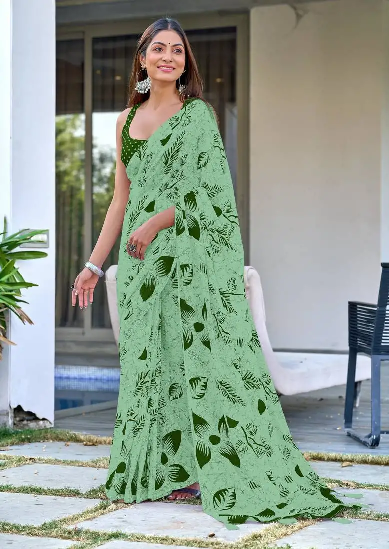 Green mulmul cotton pre stitched saree with block print blouse