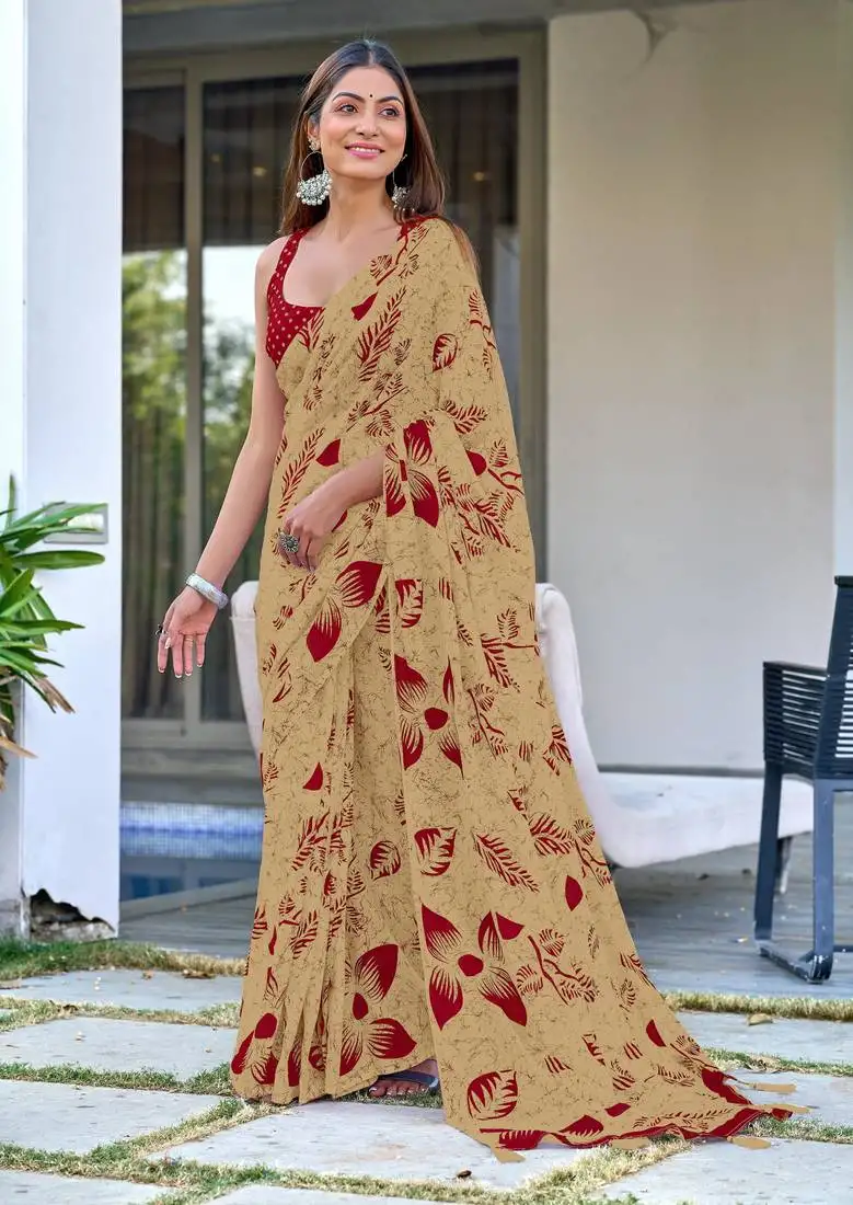 Beige mulmul cotton pre stitched saree with block print blouse