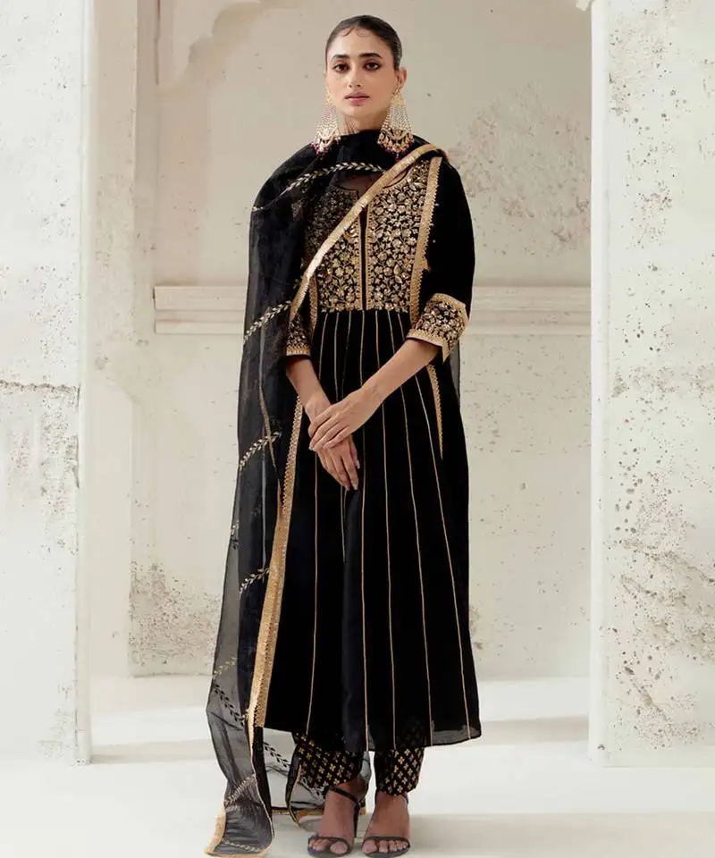 Black silk blend hand embroidered kurta set