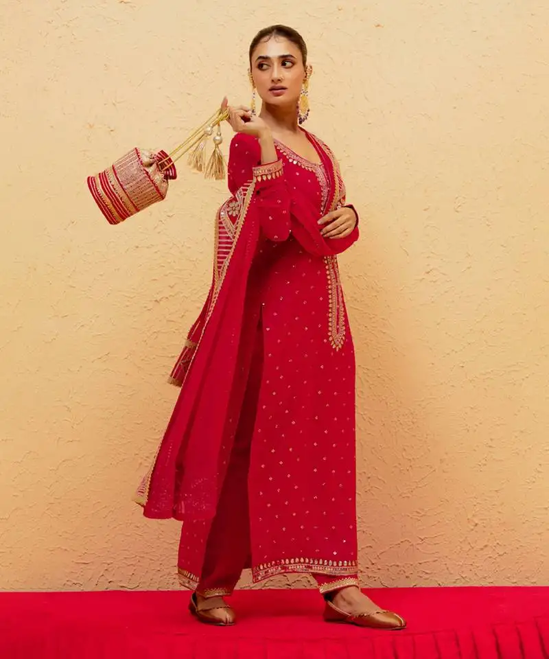 Red georgette gota pati embroidered kurta set