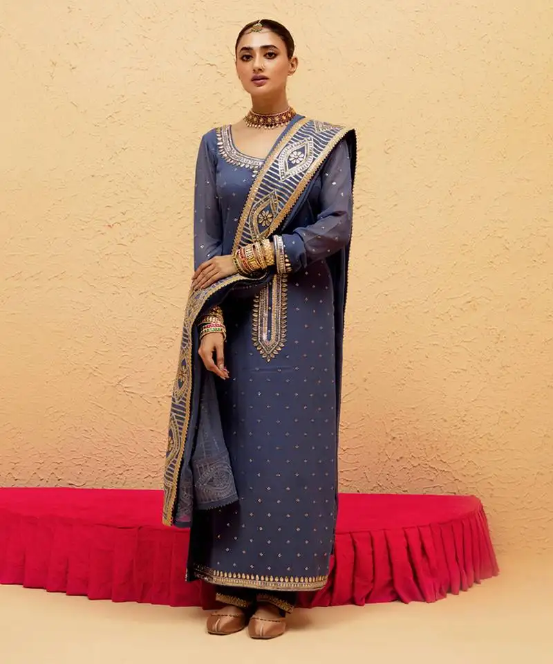 Blue georgette gota pati embroidered kurta set