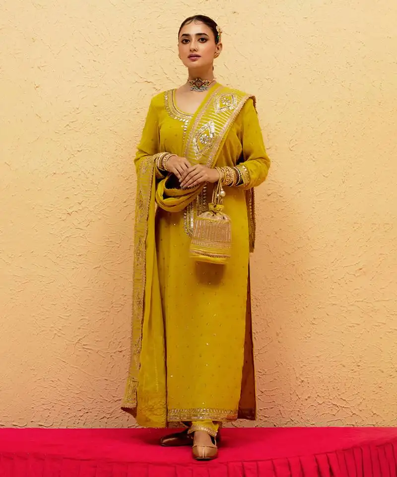 Yellow georgette gota pati embroidered kurta set