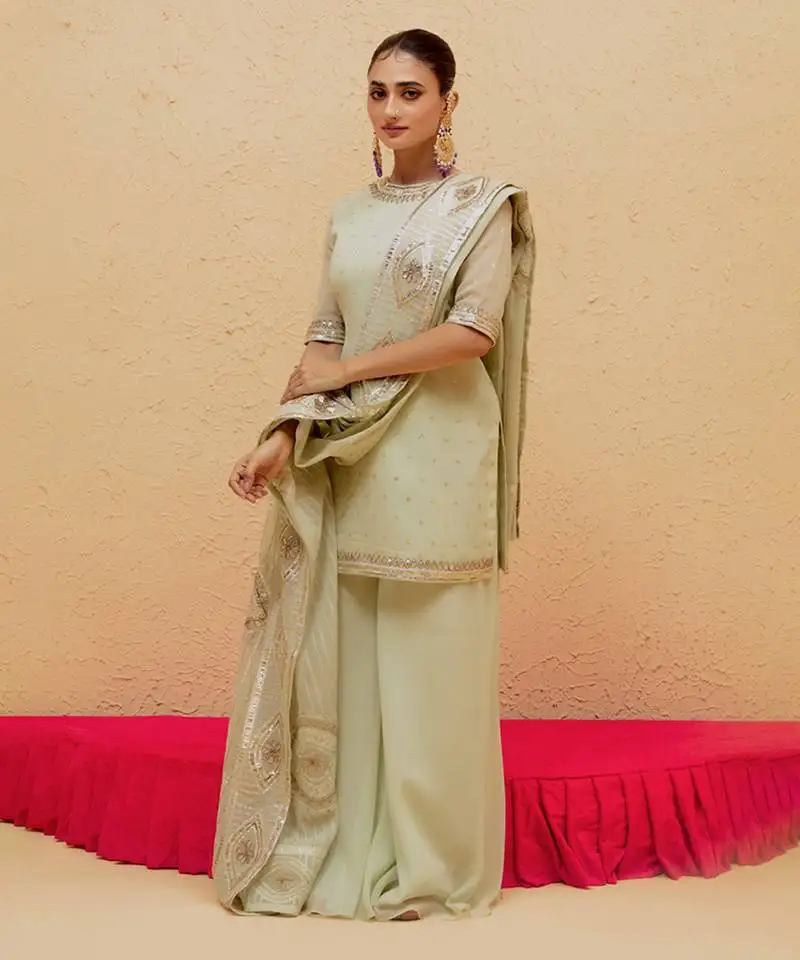 Mint green georgette gota pati embroidered sharara set