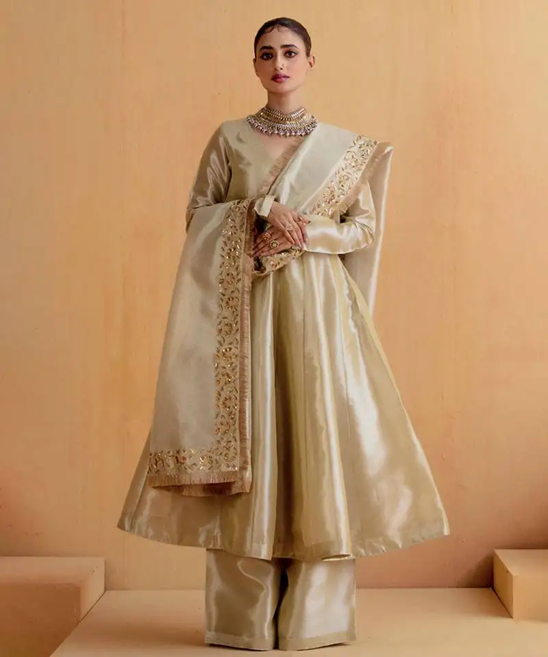 Silver silk plain anarkali set with zardosi work