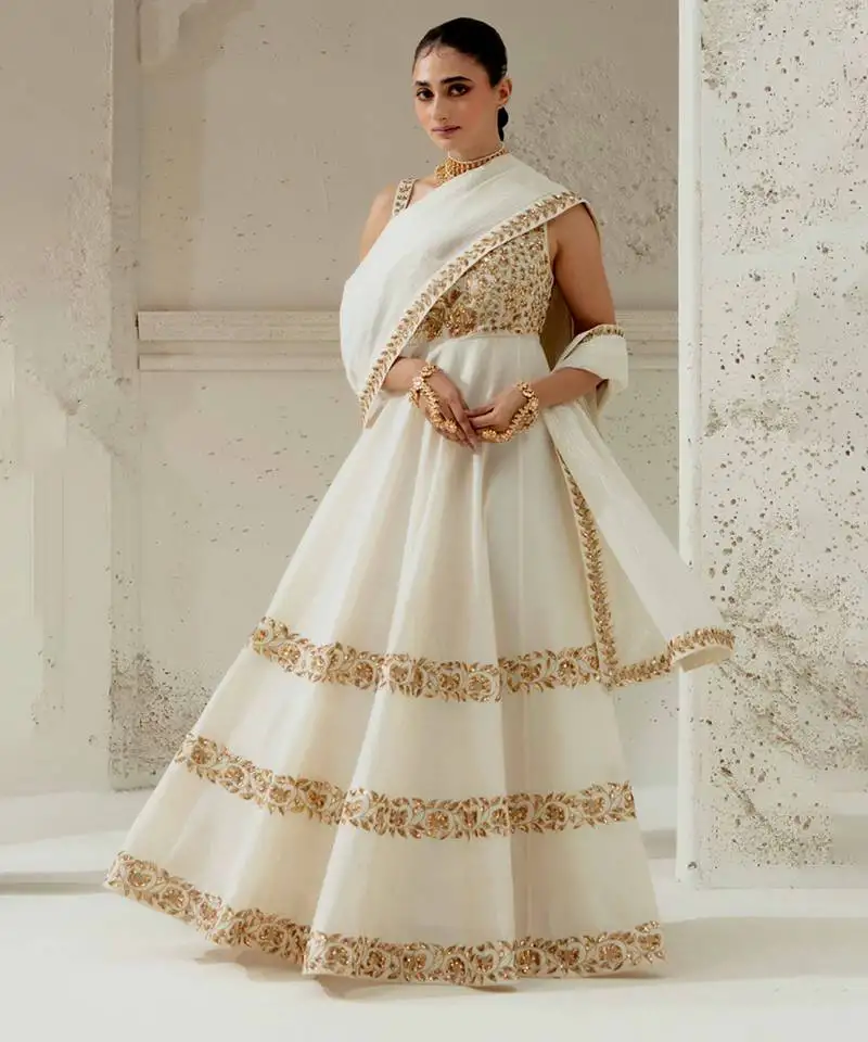 Ivory silk blend zardosi embroidered anarkali set