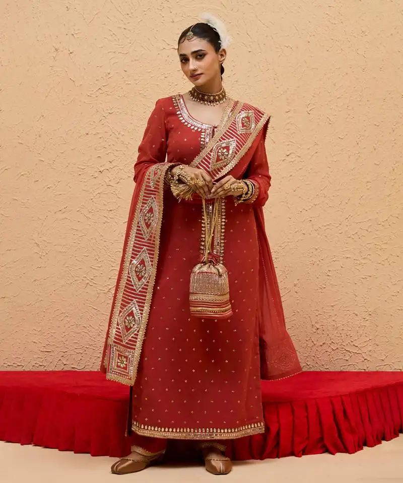 Rust georgette gota pati embroidered kurta set