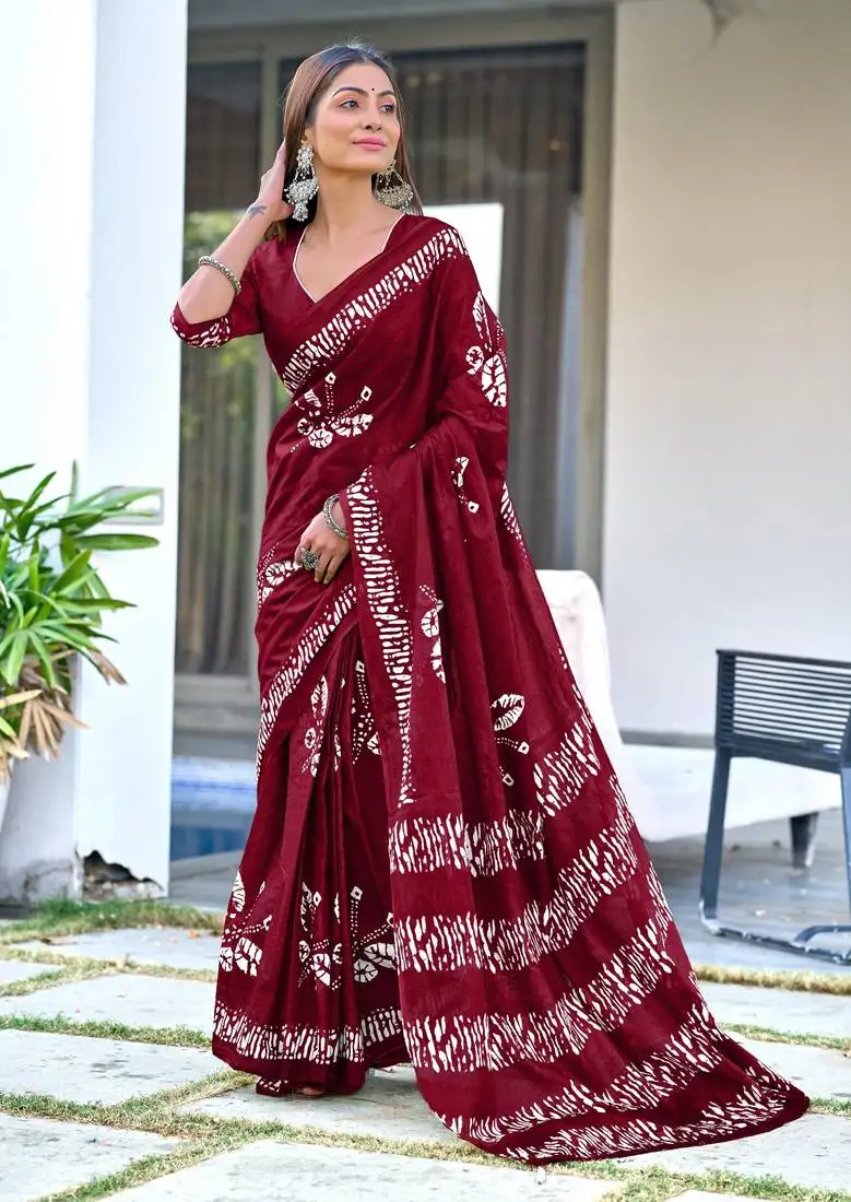 Maroon mulmul cotton pre stitched saree with block print blouse