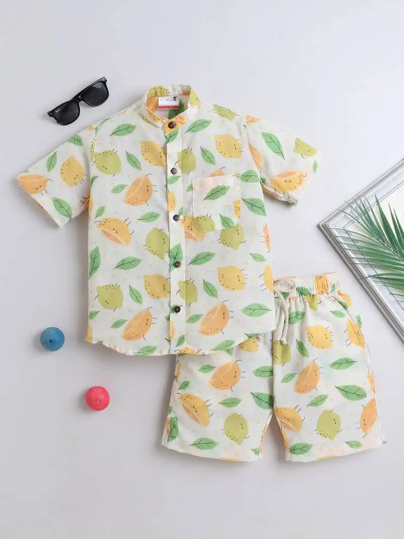 Lemon yellow cotton leaf and lemon printed co-ord set for boys and girls