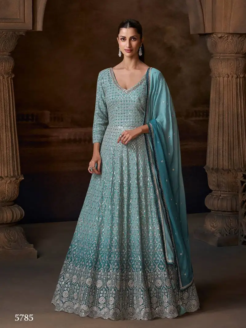 Light blue georgette full stitched free size upto 42 heavy embroidery wedding gowns