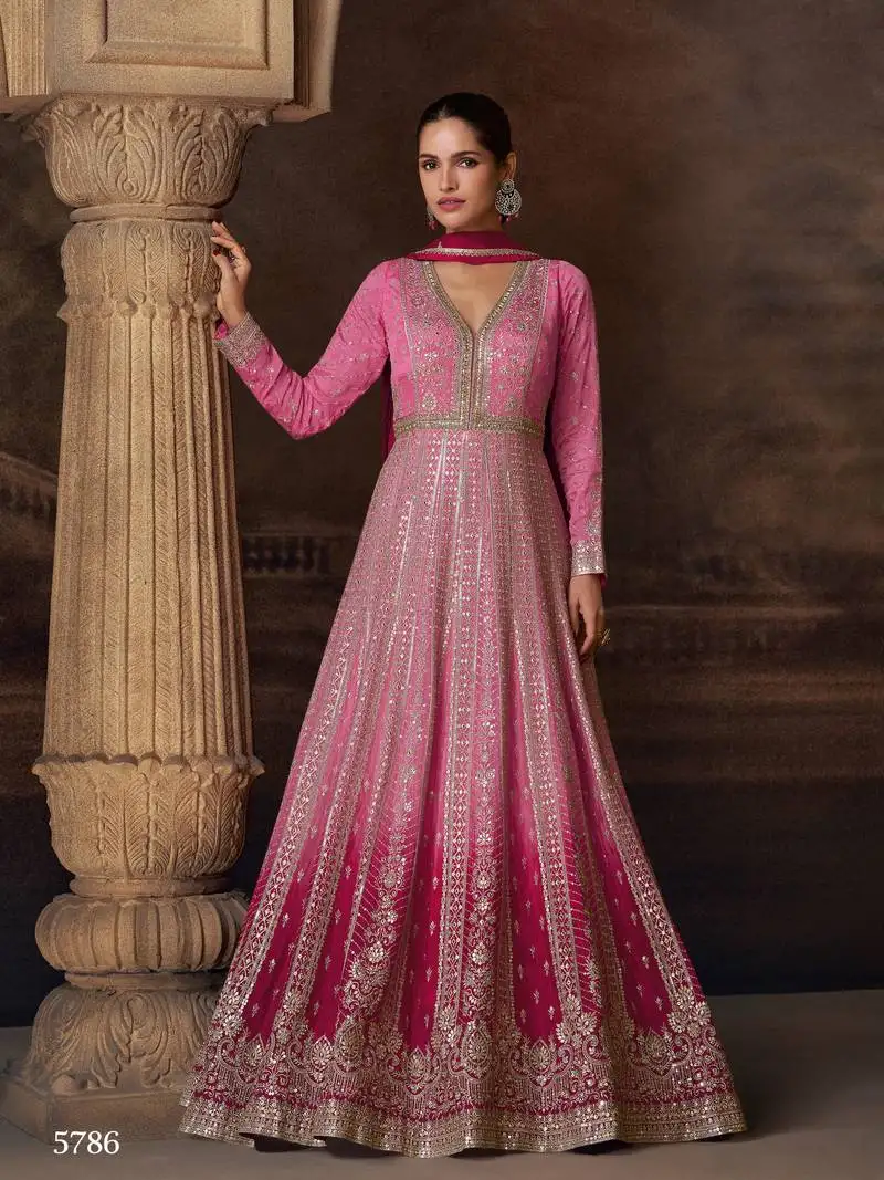 Light pink georgette full stitched free size upto 42 heavy embroidery wedding gowns
