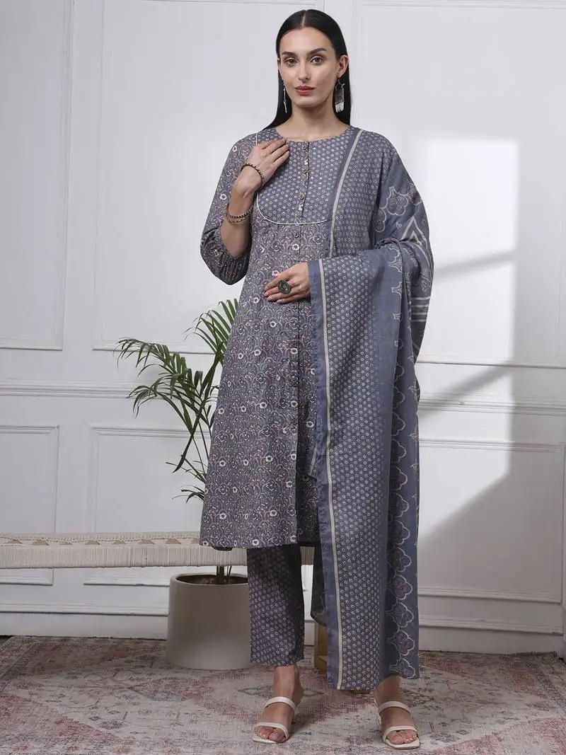 Grey ethnic motifs a-line kurta trouser dupatta set