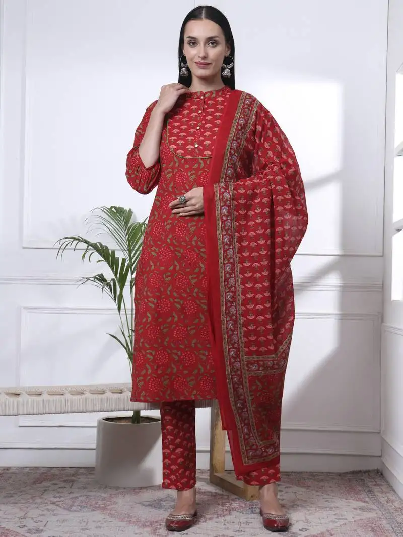 Red floral print straight kurta trouser dupatta set