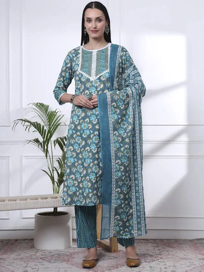 Turquoise blue floral,lace work cotton straight kurta trouser dupatta set