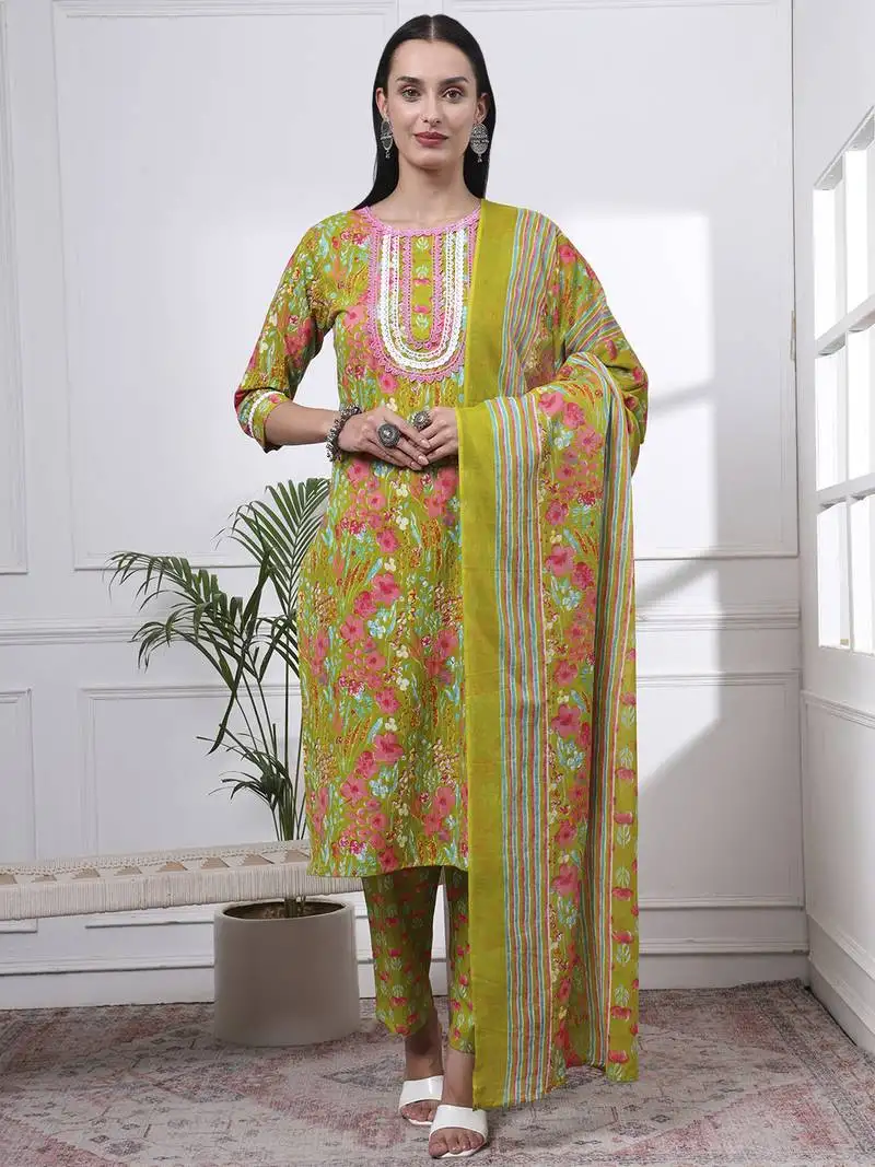 Green floral print straight kurta trouser dupatta set