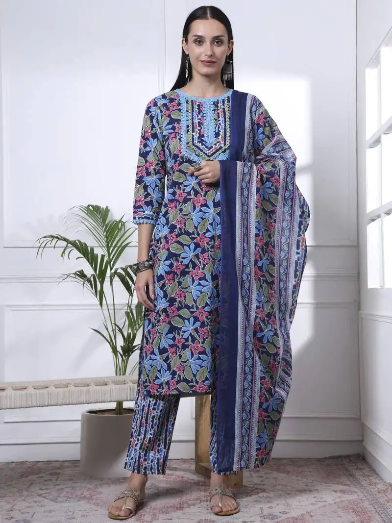 Indigo blue lace work cotton straight kurta trouser dupatta set
