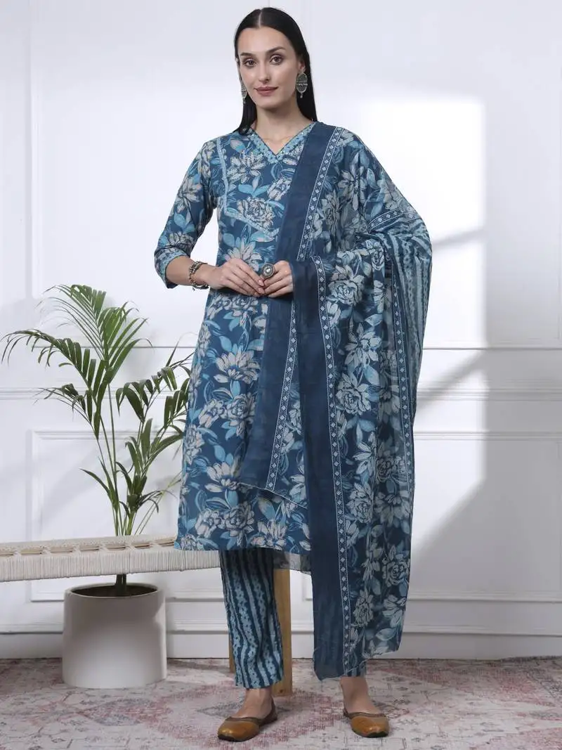 Blue pure cotton floral print,kantha work straight kurta pant set