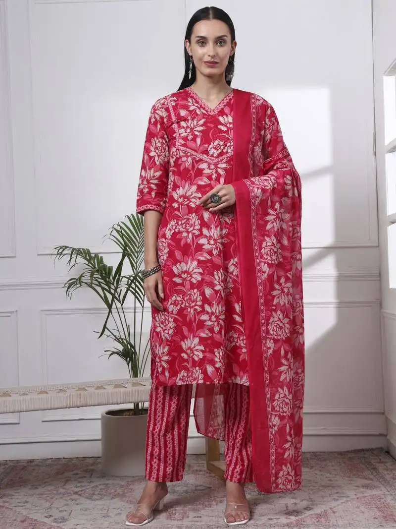 Pink pure cotton floral print,kantha work straight kurta pant set