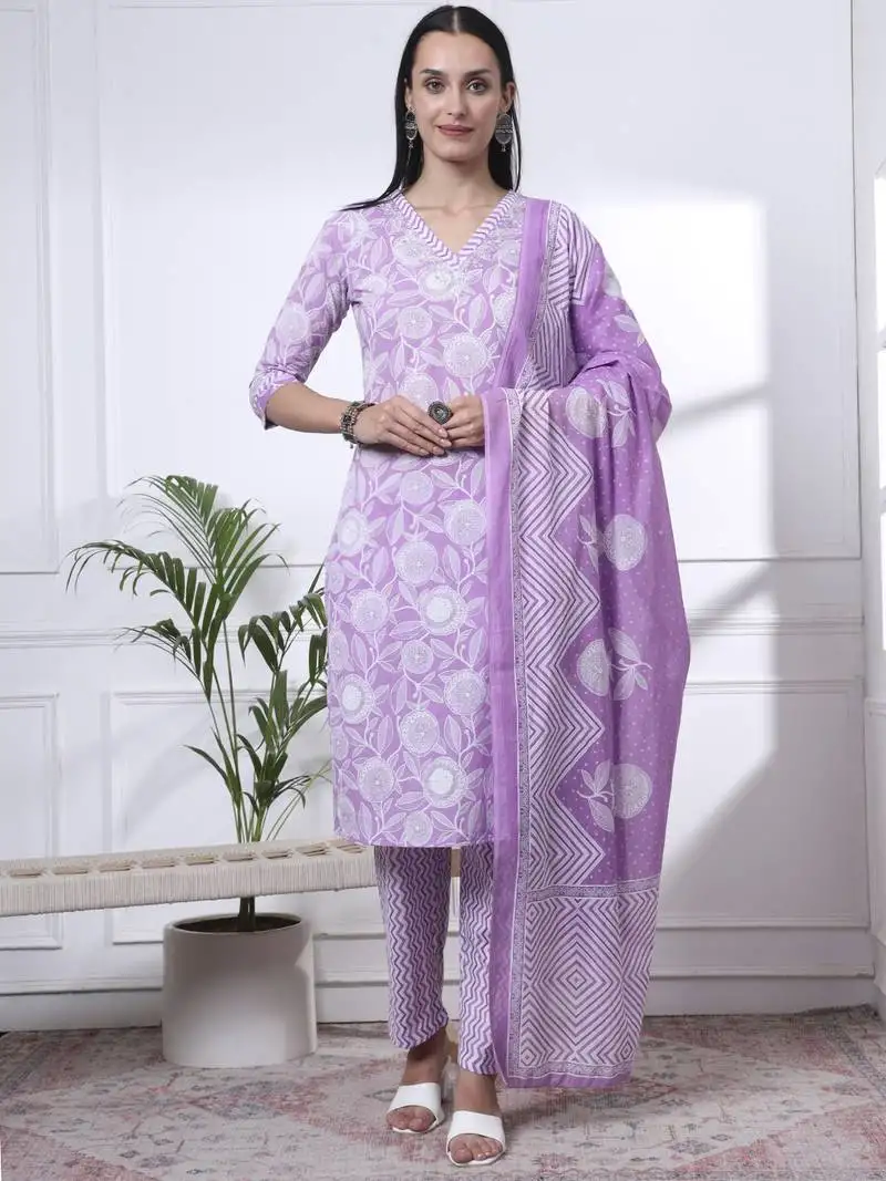 Purple pure cotton floral print zari work straight kurta set