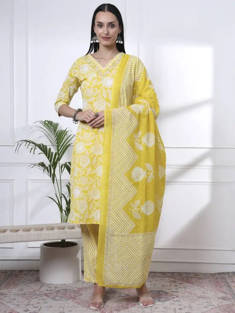 Yellow pure cotton floral print zari work straight kurta set