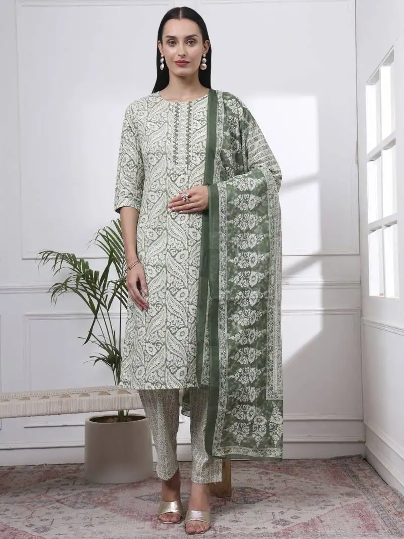 Green pure cotton ethnic motifs straight kurta trouser dupatta set