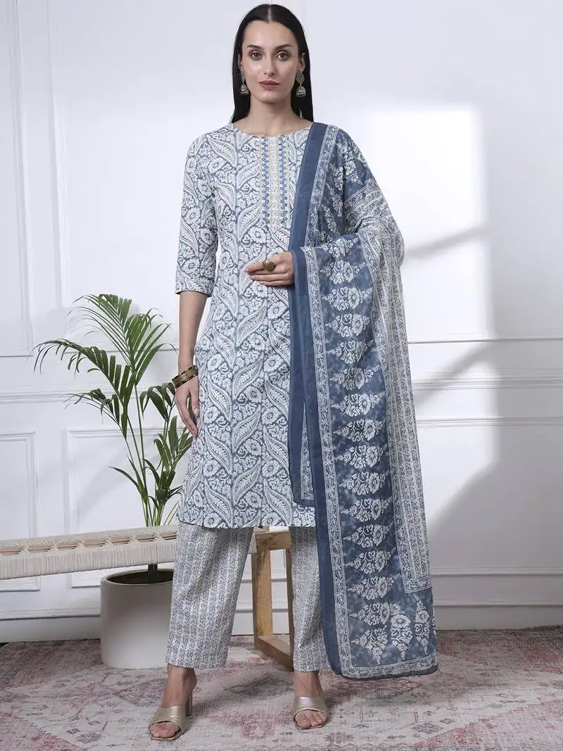 Navy blue pure cotton ethnic motifs straight kurta trouser dupatta set