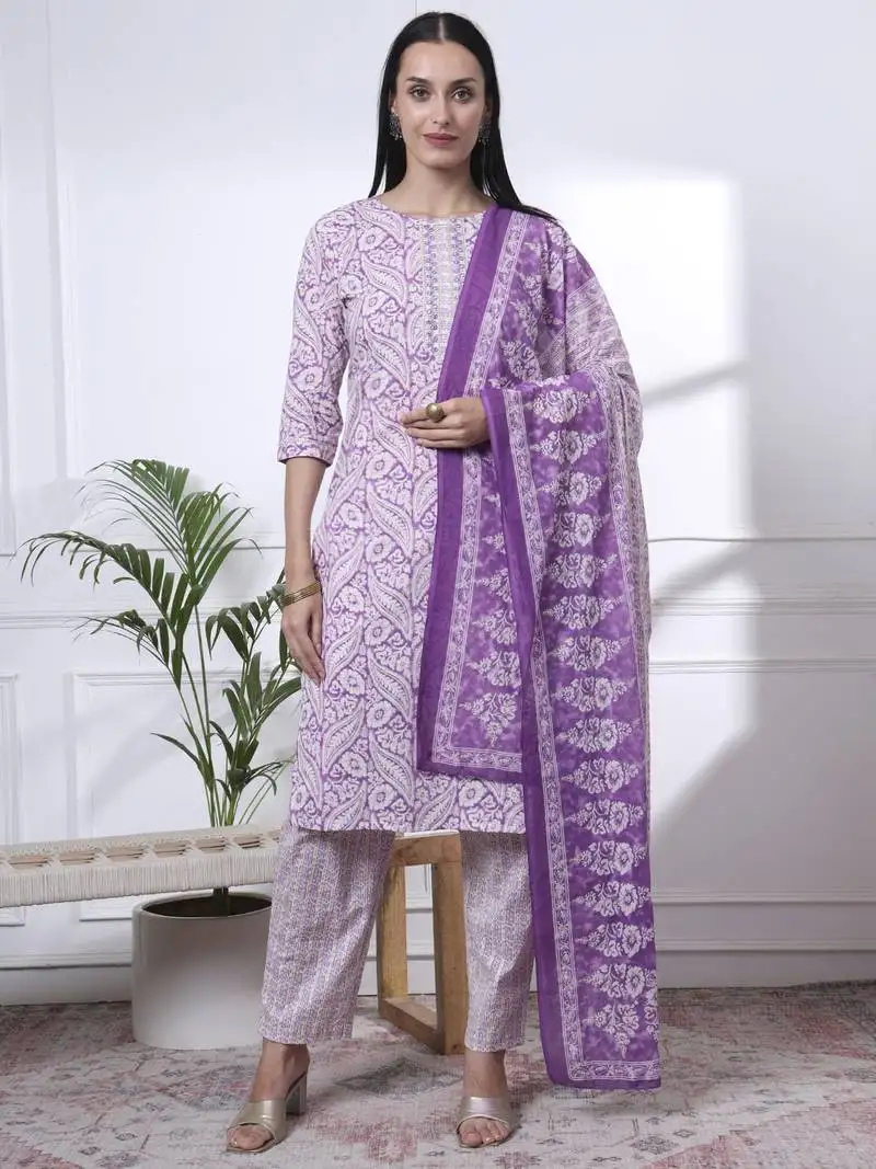 Purple pure cotton ethnic motifs straight kurta trouser dupatta set