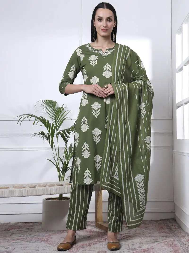 Green pure cotton floral,thread work kurta dupatta pant set